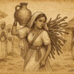 Bride carrying water and firewood under watch of elders, Eritrean folktale scene