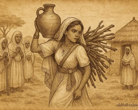 Bride carrying water and firewood under watch of elders, Eritrean folktale scene