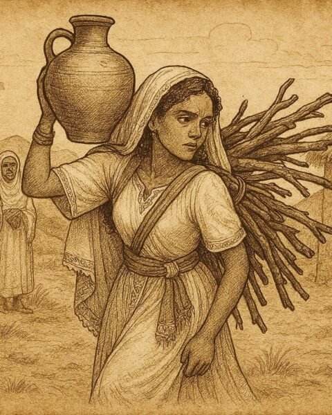 Bride carrying water and firewood under watch of elders, Eritrean folktale scene
