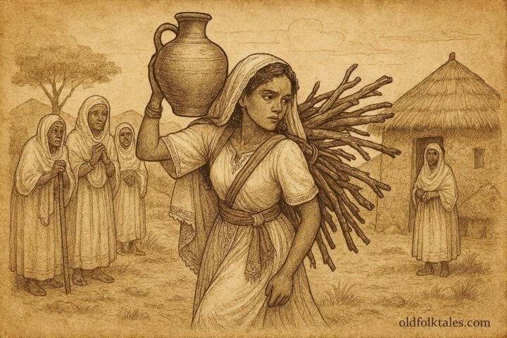 Bride carrying water and firewood under watch of elders, Eritrean folktale scene