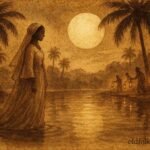 An illustration of bride by moonlit oasis disappearing, Libyan folktale scene.