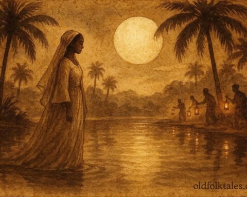An illustration of bride by moonlit oasis disappearing, Libyan folktale scene.
