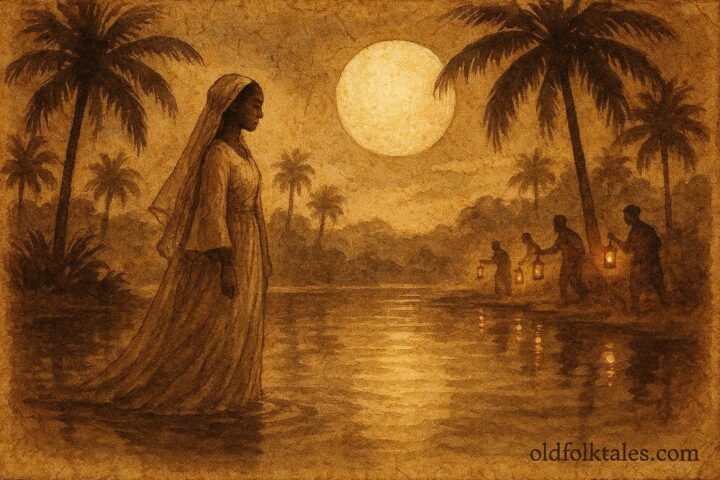 An illustration of bride by moonlit oasis disappearing, Libyan folktale scene.