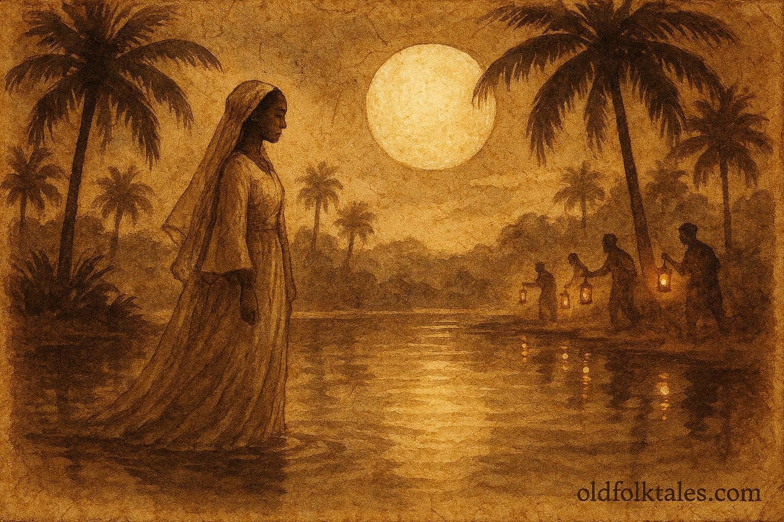 An illustration of bride by moonlit oasis disappearing, Libyan folktale scene.