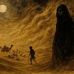 An illustration of wind spirit woman and scattered Sahara caravan in storm, Moroccan folktale scene.