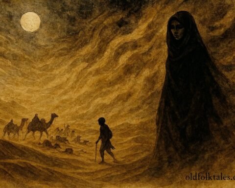 An illustration of wind spirit woman and scattered Sahara caravan in storm, Moroccan folktale scene.