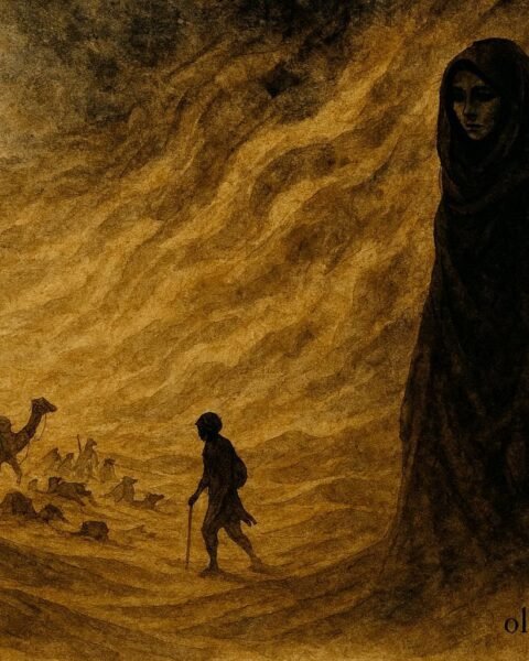 An illustration of wind spirit woman and scattered Sahara caravan in storm, Moroccan folktale scene.