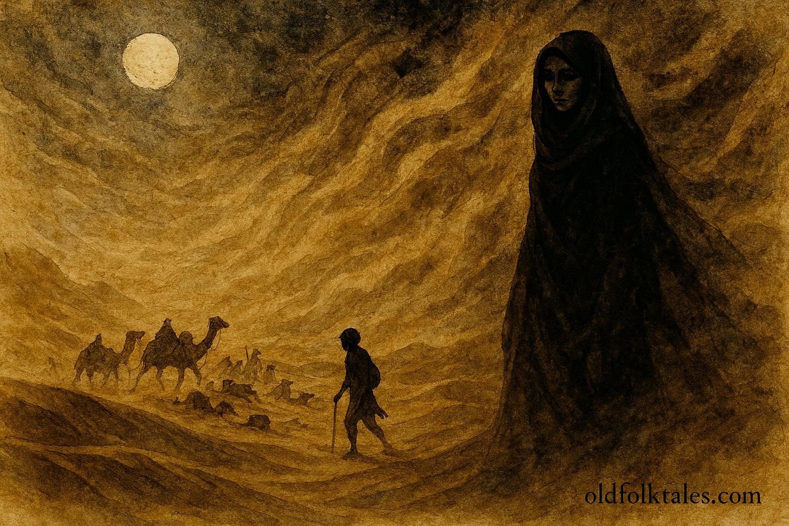 An illustration of wind spirit woman and scattered Sahara caravan in storm, Moroccan folktale scene.