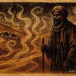 An illustration of caravan guide hearing whispers in Merzouga Sahara dunes, Moroccan folktale scene.