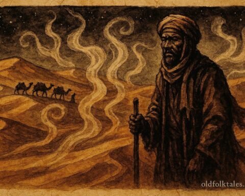 An illustration of caravan guide hearing whispers in Merzouga Sahara dunes, Moroccan folktale scene.