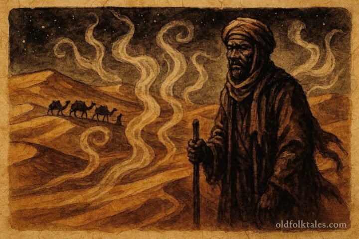 An illustration of caravan guide hearing whispers in Merzouga Sahara dunes, Moroccan folktale scene.