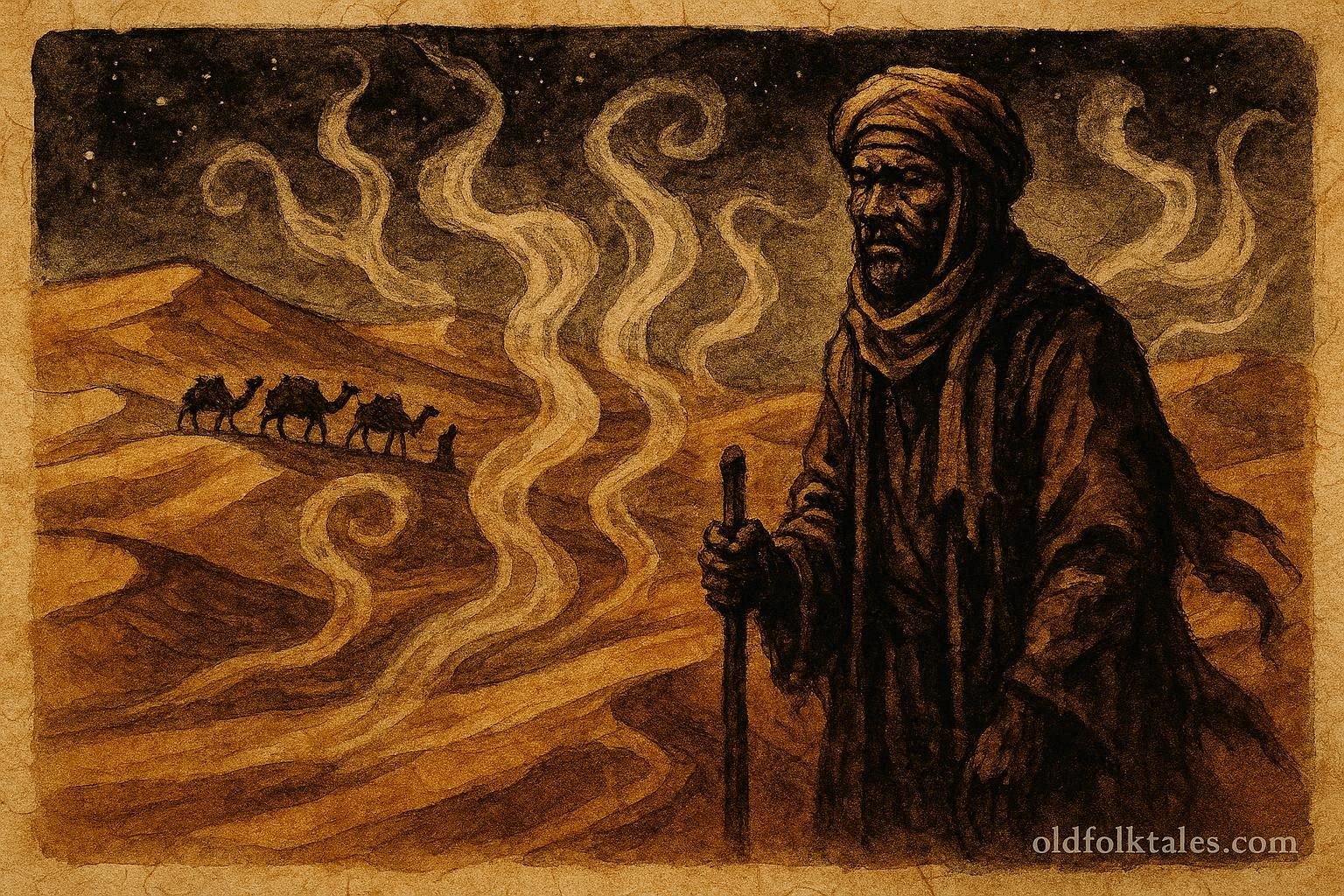 An illustration of caravan guide hearing whispers in Merzouga Sahara dunes, Moroccan folktale scene.