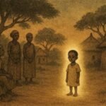 A child standing in a village with a subtle glow suggesting connection to the spirit world