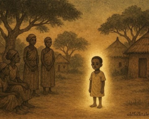 A child standing in a village with a subtle glow suggesting connection to the spirit world