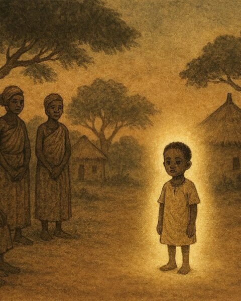 A child standing in a village with a subtle glow suggesting connection to the spirit world