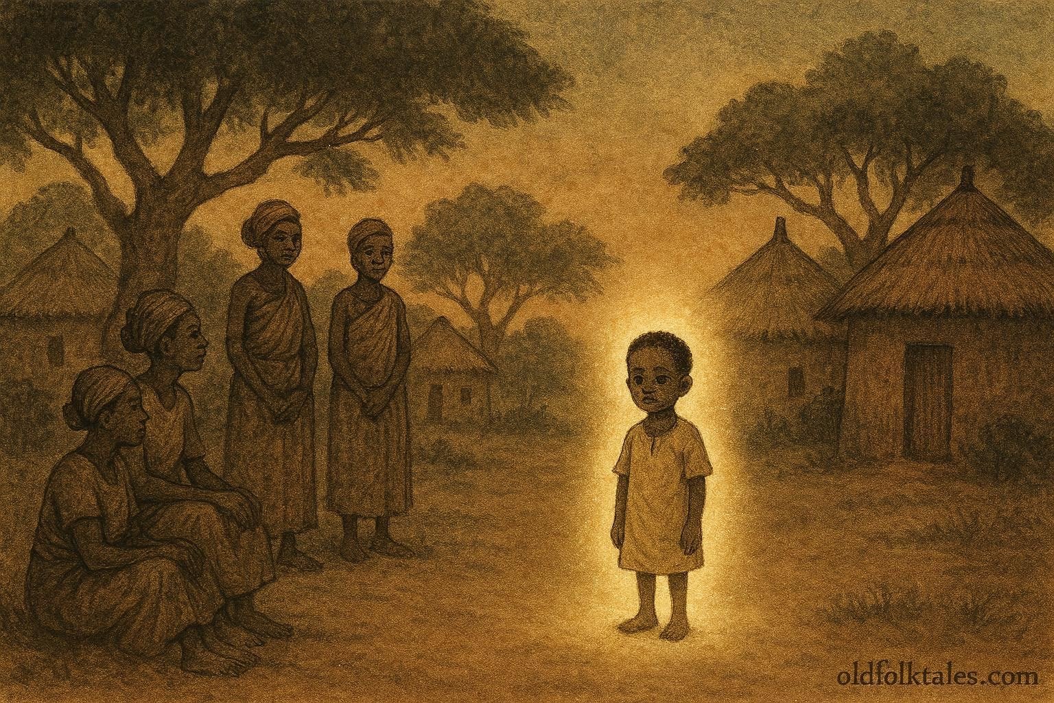 A child standing in a village with a subtle glow suggesting connection to the spirit world