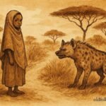 An illustration of Somali girl facing hyena on bush path using wit.