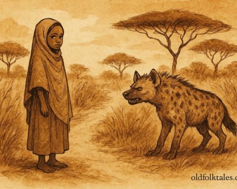 An illustration of Somali girl facing hyena on bush path using wit.