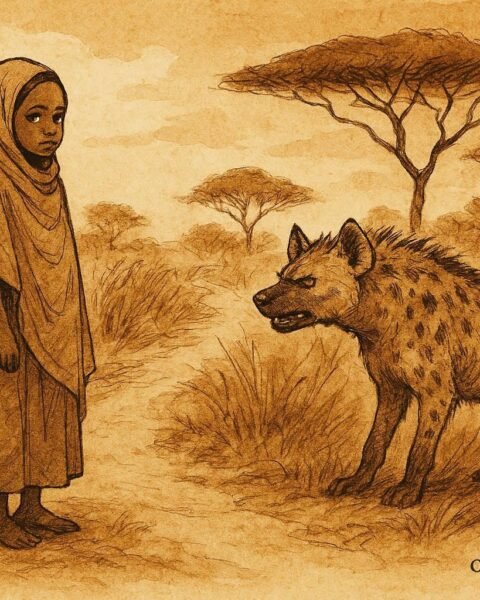 An illustration of Somali girl facing hyena on bush path using wit.