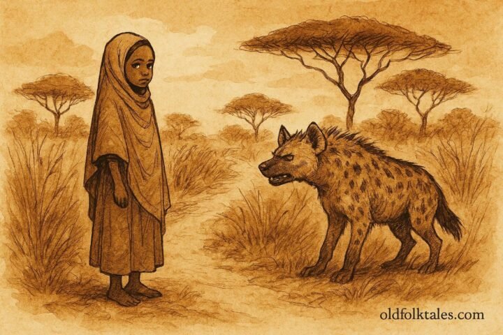An illustration of Somali girl facing hyena on bush path using wit.