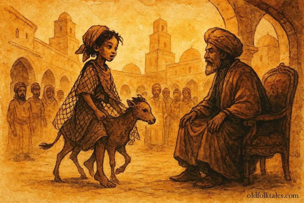 An illustration of clever girl before judge in Kairouan, Tunisian folktale scene.”