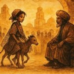 An illustration of clever girl before judge in Kairouan, Tunisian folktale scene.”