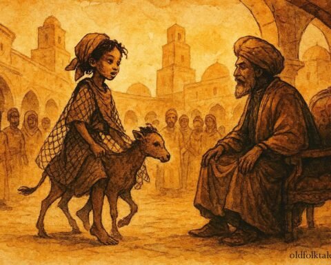 An illustration of clever girl before judge in Kairouan, Tunisian folktale scene.”