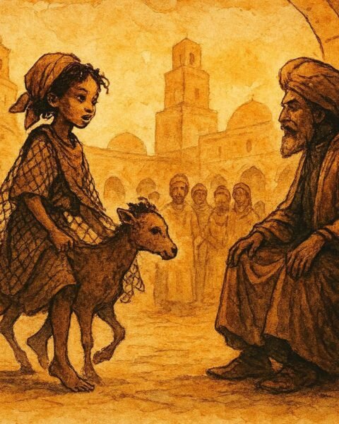 An illustration of clever girl before judge in Kairouan, Tunisian folktale scene.”