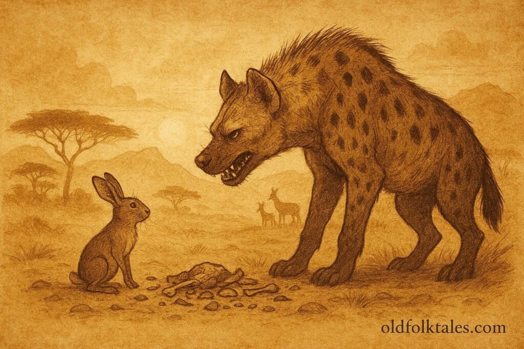An illustration of hare outwitting hyena in Eritrean highlands during famine.