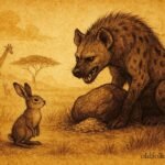 An illustration of hare outsmarting hyena during famine in Burundian grasslands.