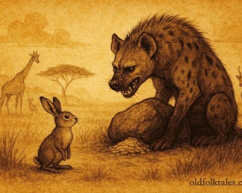 An illustration of hare outsmarting hyena during famine in Burundian grasslands.