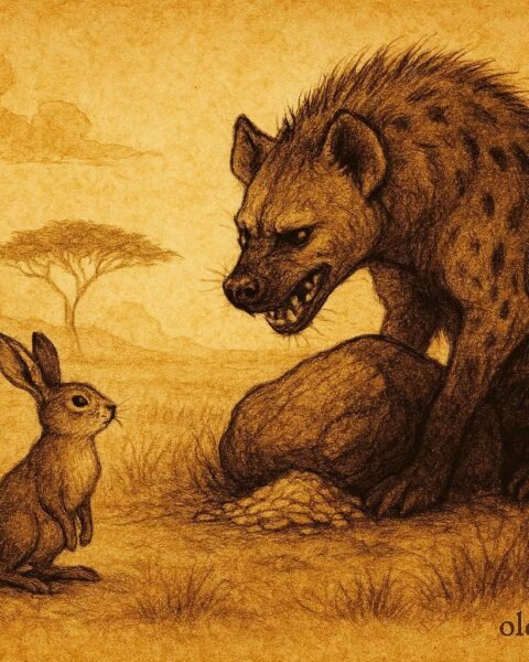 An illustration of hare outsmarting hyena during famine in Burundian grasslands.