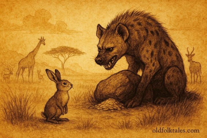 An illustration of hare outsmarting hyena during famine in Burundian grasslands.