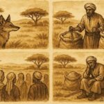 An illustration of jackal exposing greedy farmer with grain stores in Algerian rural landscape.