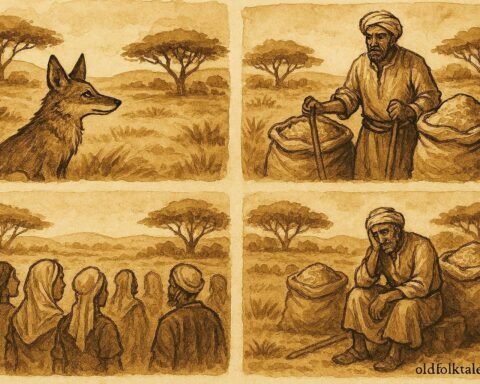 An illustration of jackal exposing greedy farmer with grain stores in Algerian rural landscape.