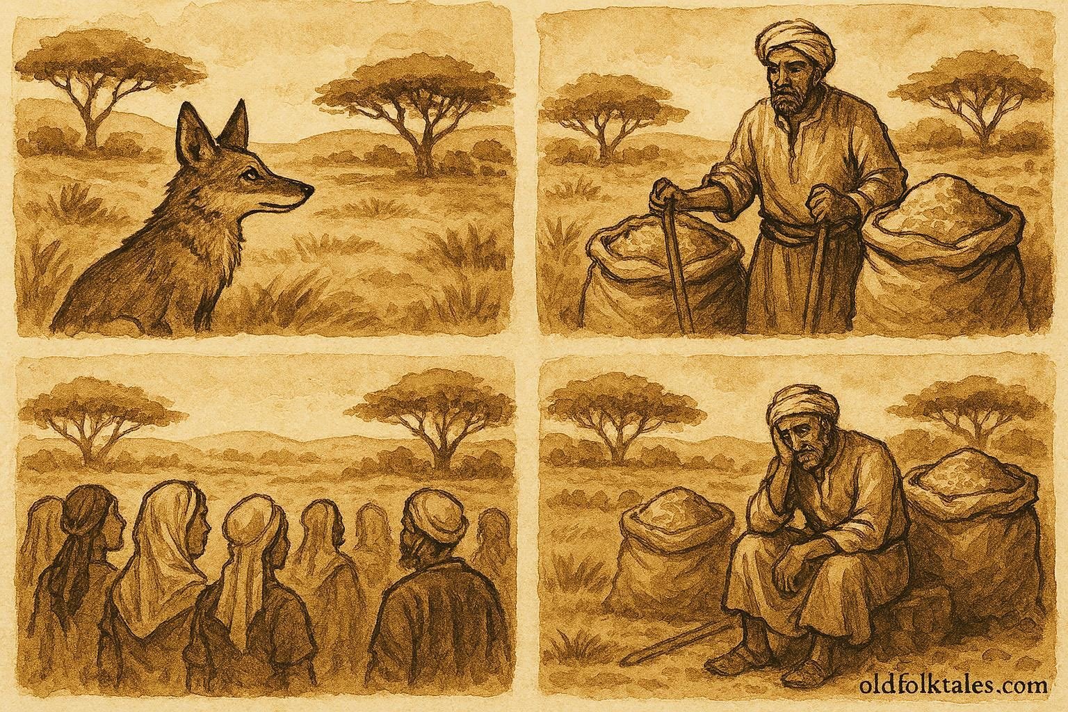 An illustration of jackal exposing greedy farmer with grain stores in Algerian rural landscape.