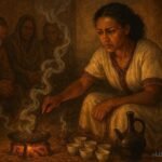 An Ethiopian coffee ceremony with woman reflecting during bunna ritual.