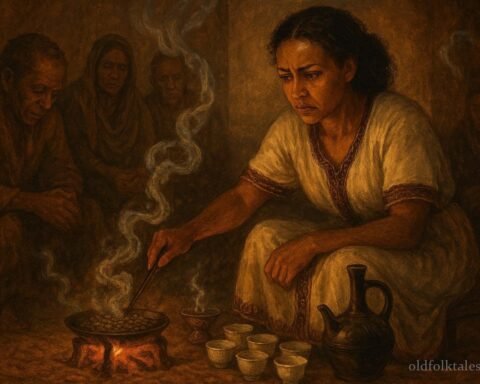 An Ethiopian coffee ceremony with woman reflecting during bunna ritual.