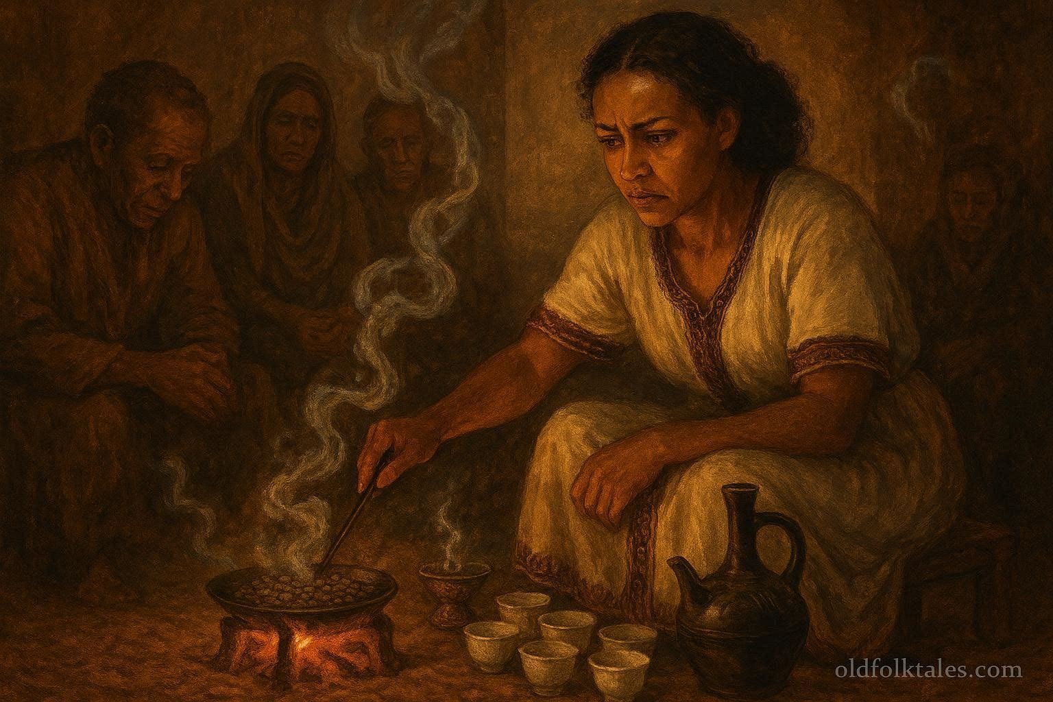 An Ethiopian coffee ceremony with woman reflecting during bunna ritual.