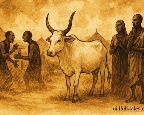 An illustration of sacred cow speaking truth during Dinka village conflict.