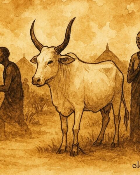 An illustration of sacred cow speaking truth during Dinka village conflict.