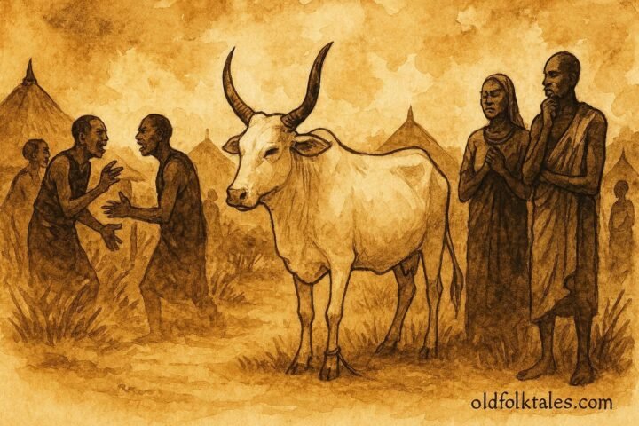 An illustration of sacred cow speaking truth during Dinka village conflict.
