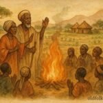 illustration of villagers restoring ancestral rituals after hardship, Burundian folktale scene