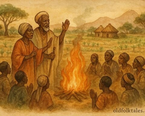 illustration of villagers restoring ancestral rituals after hardship, Burundian folktale scene