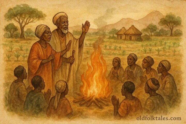 illustration of villagers restoring ancestral rituals after hardship, Burundian folktale scene