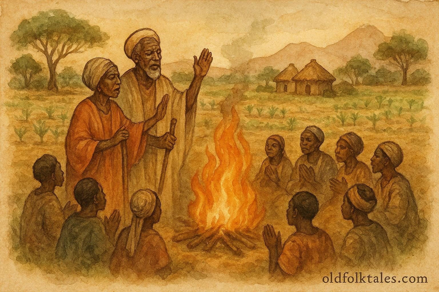 illustration of villagers restoring ancestral rituals after hardship, Burundian folktale scene