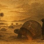 An illustration of fisherman breaking tortoise shell on Aldabra, Seychelles folktale scene.