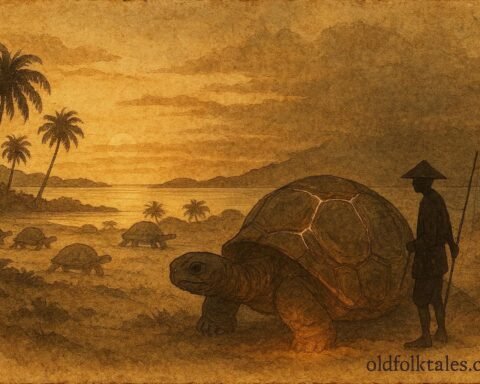 An illustration of fisherman breaking tortoise shell on Aldabra, Seychelles folktale scene.