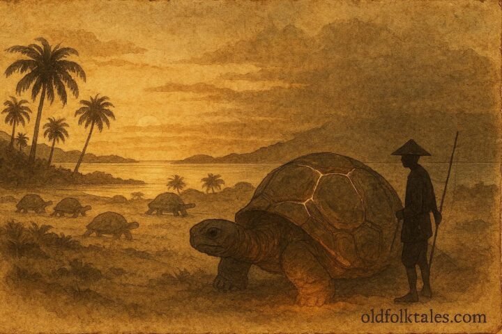 An illustration of fisherman breaking tortoise shell on Aldabra, Seychelles folktale scene.