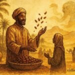 An illustration of merchant sharing dates in Draa Valley as djinn fades, Moroccan folktale scene.
